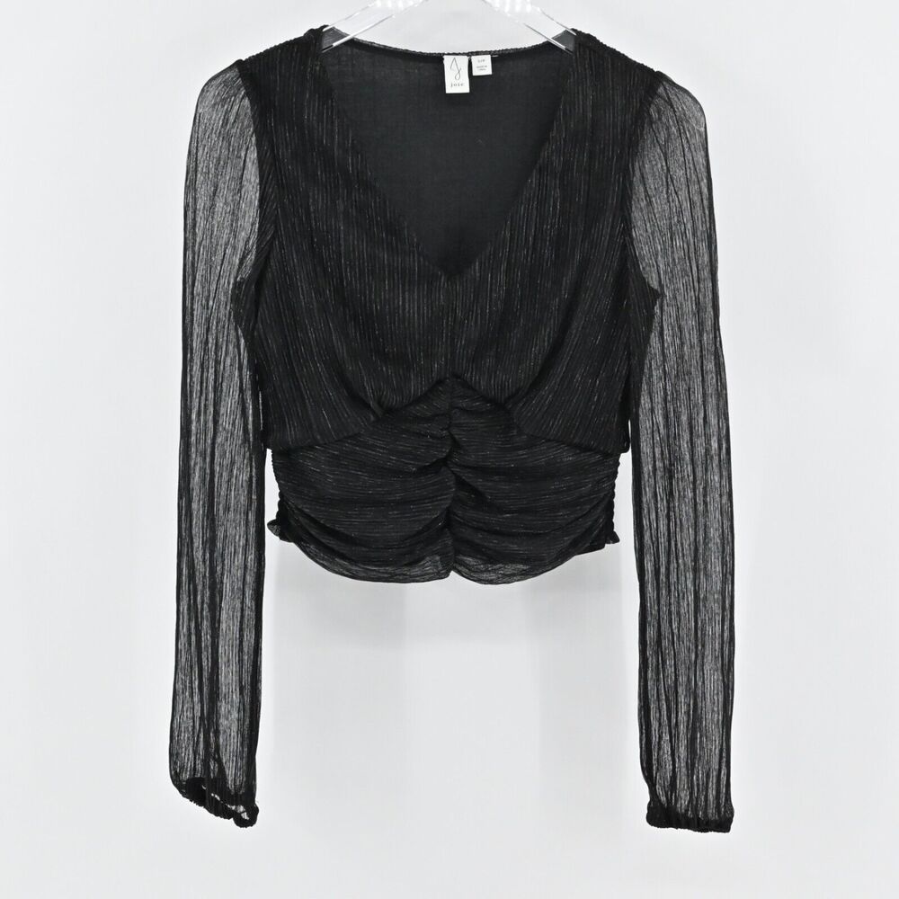 JOIE Top‎ Womens Size S Black Metallic VNeck Gathered Blouse Semi Sheer Sleeves